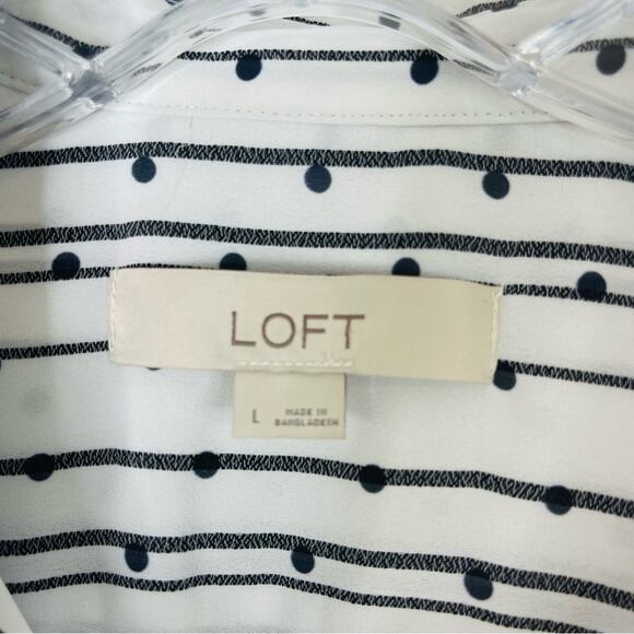 Loft black white striped polka dot chiffon preppy office button front top large - Picture 4 of 6